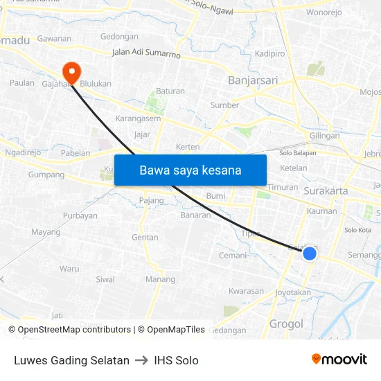 Luwes Gading Selatan to IHS Solo map