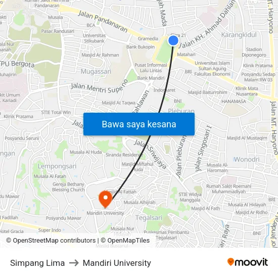 Simpang Lima to Mandiri University map