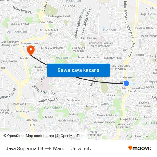 Java Supermall B to Mandiri University map