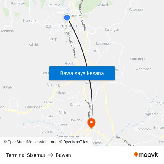 Terminal Sisemut to Bawen map