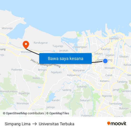 Simpang Lima to Universitas Terbuka map