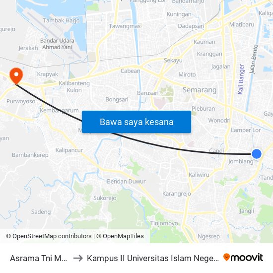 Asrama Tni Mrican B to Kampus II Universitas Islam Negeri Walisongo map