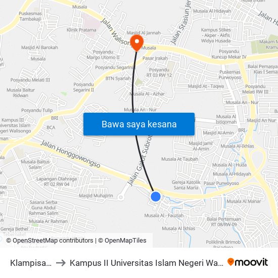 Klampisan A to Kampus II Universitas Islam Negeri Walisongo map