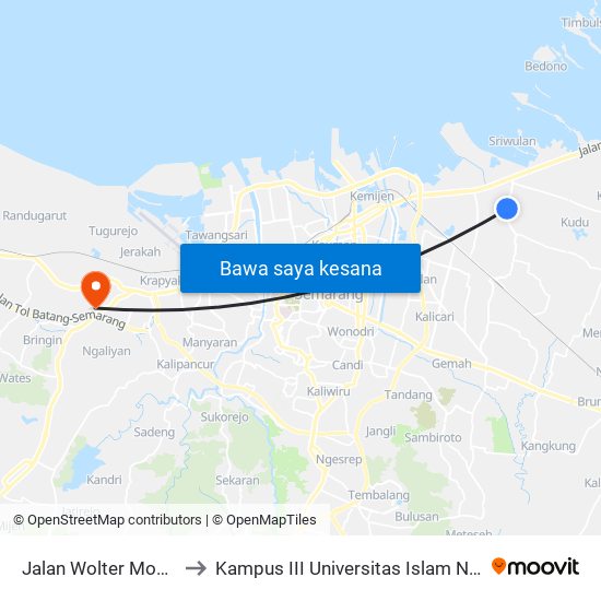 Jalan Wolter Monginsidi 90 to Kampus III Universitas Islam Negeri Walisongo map