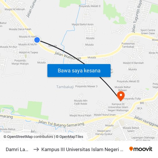 Damri Lama 1 to Kampus III Universitas Islam Negeri Walisongo map