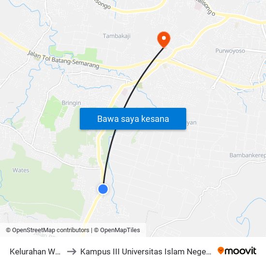 Kelurahan Wates B to Kampus III Universitas Islam Negeri Walisongo map