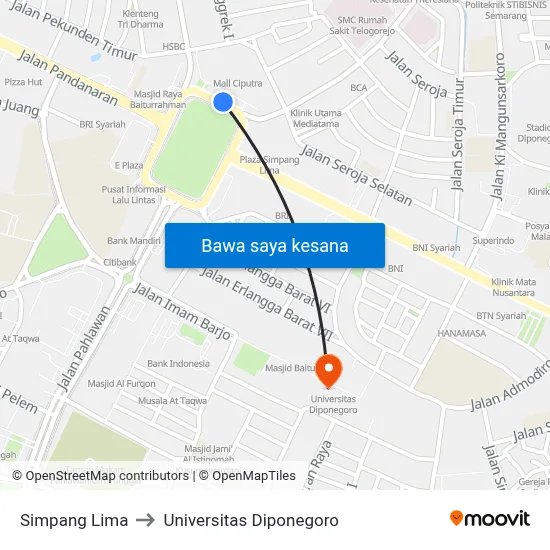 Simpang Lima to Universitas Diponegoro map