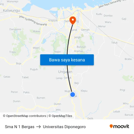 Sma N 1 Bergas to Universitas Diponegoro map