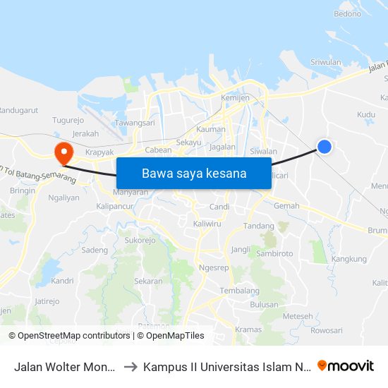 Jalan Wolter Monginsidi 207 to Kampus II Universitas Islam Negeri Walisongo map