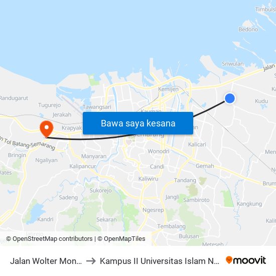 Jalan Wolter Monginsidi 90 to Kampus II Universitas Islam Negeri Walisongo map