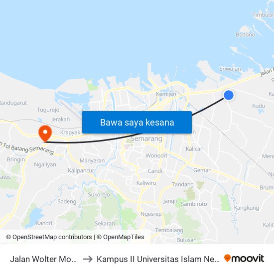 Jalan Wolter Monginsidi 9 to Kampus II Universitas Islam Negeri Walisongo map