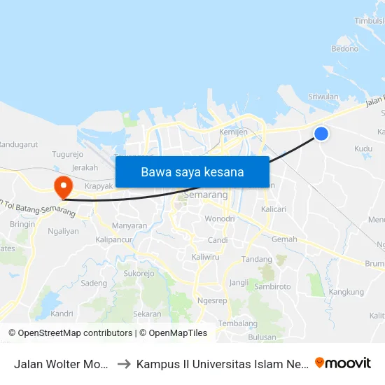 Jalan Wolter Monginsidi 9 to Kampus II Universitas Islam Negeri Walisongo map