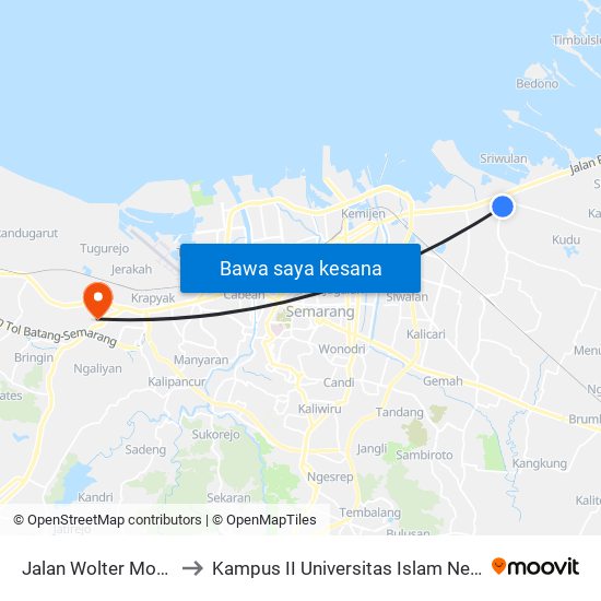 Jalan Wolter Monginsidi 9 to Kampus II Universitas Islam Negeri Walisongo map
