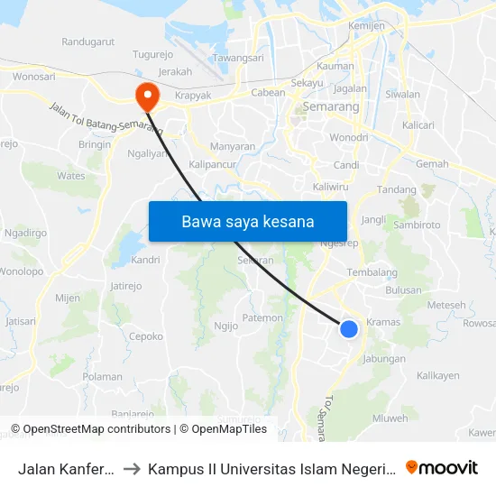 Jalan Kanfer Raya to Kampus II Universitas Islam Negeri Walisongo map