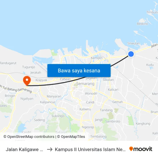 Jalan Kaligawe Raya 225 to Kampus II Universitas Islam Negeri Walisongo map