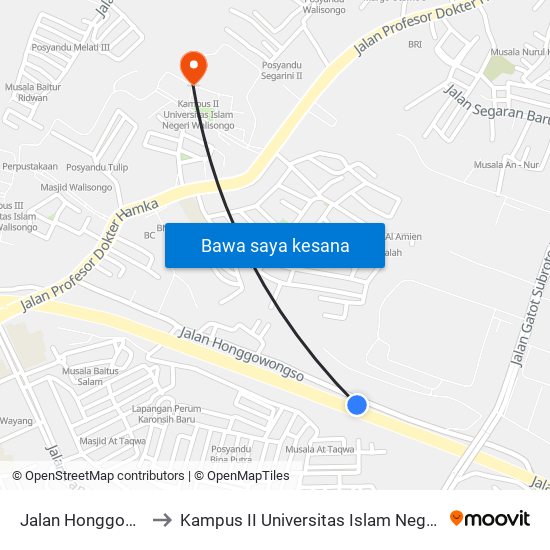 Jalan Honggowongso to Kampus II Universitas Islam Negeri Walisongo map