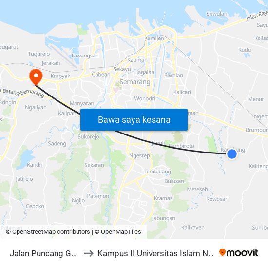 Jalan Puncang Gading Raya to Kampus II Universitas Islam Negeri Walisongo map