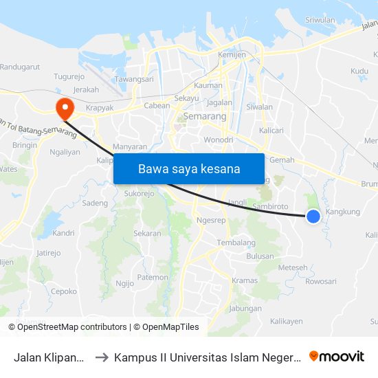 Jalan Klipang Raya to Kampus II Universitas Islam Negeri Walisongo map