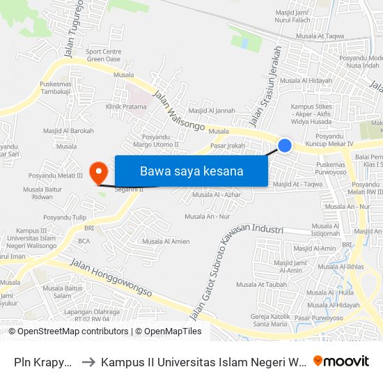 Pln Krapyak B to Kampus II Universitas Islam Negeri Walisongo map