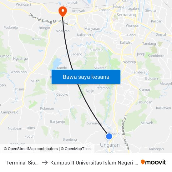 Terminal Sisemut to Kampus II Universitas Islam Negeri Walisongo map