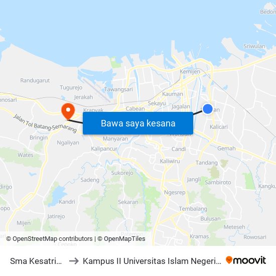 Sma Kesatrian 2 A to Kampus II Universitas Islam Negeri Walisongo map