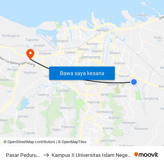 Pasar Pedurungan B to Kampus II Universitas Islam Negeri Walisongo map