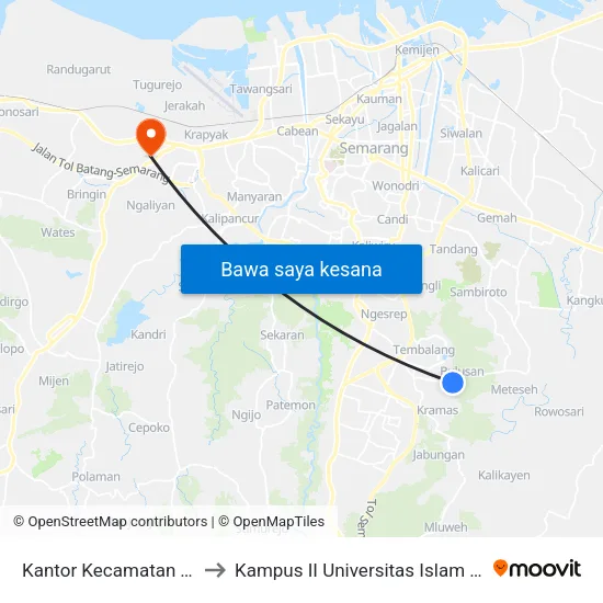 Kantor Kecamatan Tembalang 1 to Kampus II Universitas Islam Negeri Walisongo map