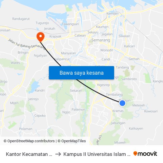 Kantor Kecamatan Tembalang 2 to Kampus II Universitas Islam Negeri Walisongo map