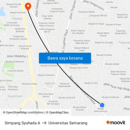 Simpang Syuhada A to Universitas Semarang map
