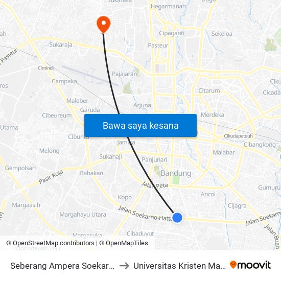 Seberang Ampera Soekarno Hatta to Universitas Kristen Maranatha map