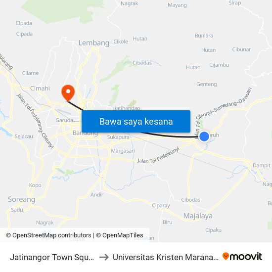 Jatinangor Town Square to Universitas Kristen Maranatha map
