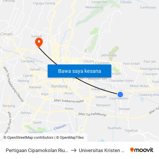 Pertigaan Cipamokolan Riung Bandung to Universitas Kristen Maranatha map