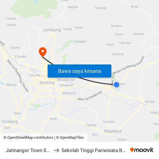 Jatinangor Town Square to Sekolah Tinggi Pariwisata Bandung map