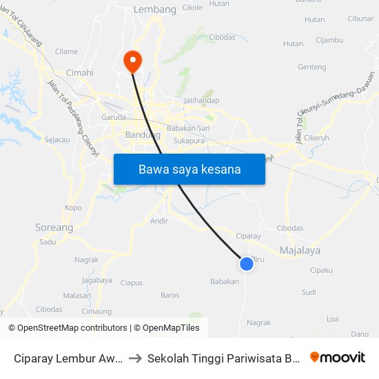 Ciparay Lembur Awi 220 to Sekolah Tinggi Pariwisata Bandung map