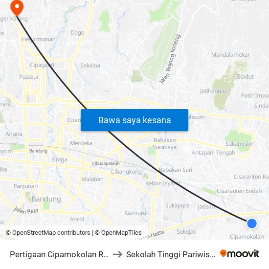 Pertigaan Cipamokolan Riung Bandung to Sekolah Tinggi Pariwisata Bandung map