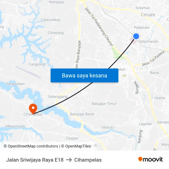 Jalan Sriwijaya Raya E18 to Cihampelas map