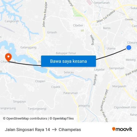 Jalan Singosari Raya 14 to Cihampelas map