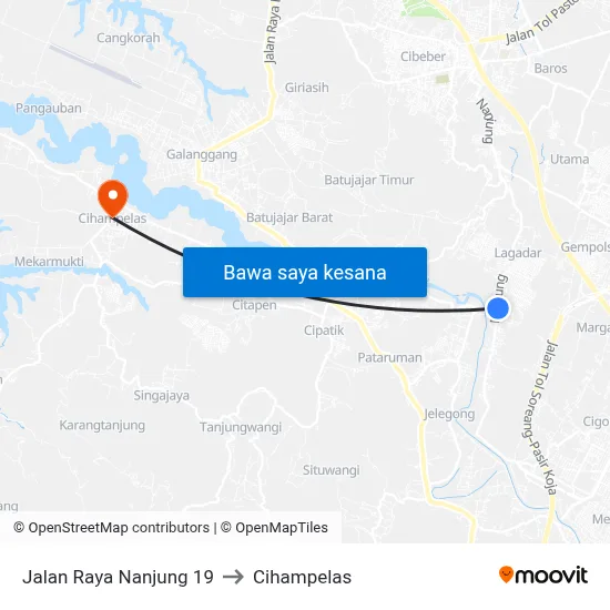 Jalan Raya Nanjung 19 to Cihampelas map