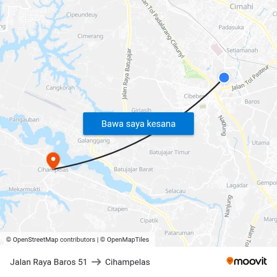Jalan Raya Baros 51 to Cihampelas map