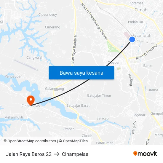 Jalan Raya Baros 22 to Cihampelas map