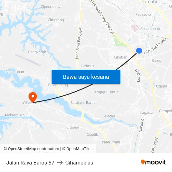 Jalan Raya Baros 57 to Cihampelas map