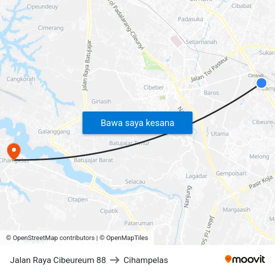 Jalan Raya Cibeureum 88 to Cihampelas map