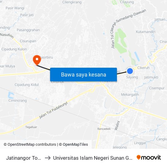 Jatinangor Town Square to Universitas Islam Negeri Sunan Gunung Djati Bandung map