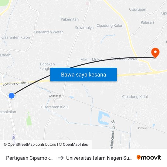 Pertigaan Cipamokolan Riung Bandung to Universitas Islam Negeri Sunan Gunung Djati Bandung map