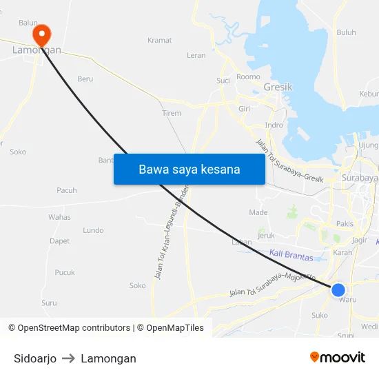 Sidoarjo to Lamongan map