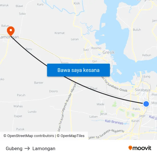 Gubeng to Lamongan map