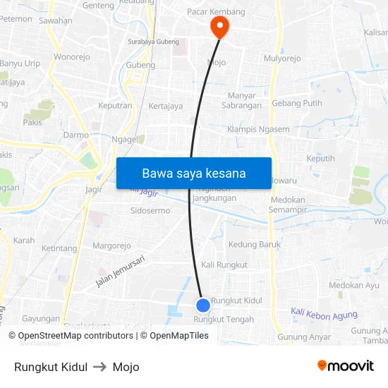 Rungkut Kidul to Mojo map