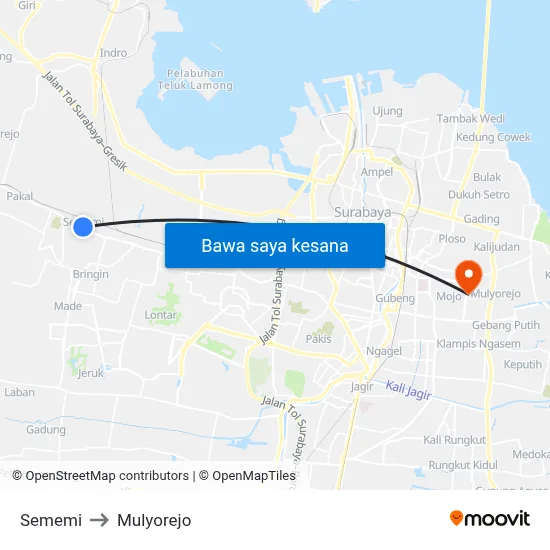 Sememi to Mulyorejo map