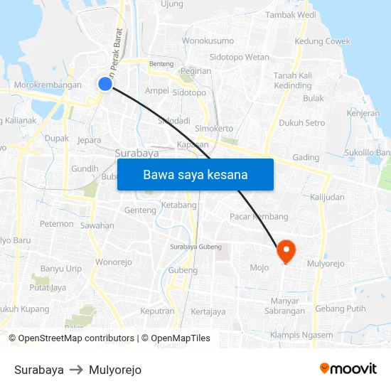 Surabaya to Mulyorejo map