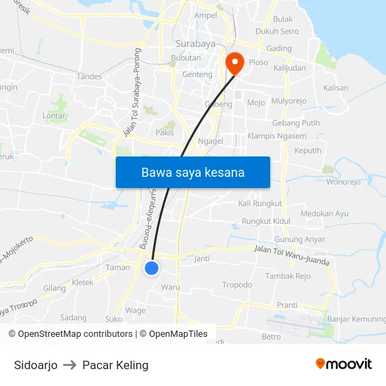 Sidoarjo to Pacar Keling map